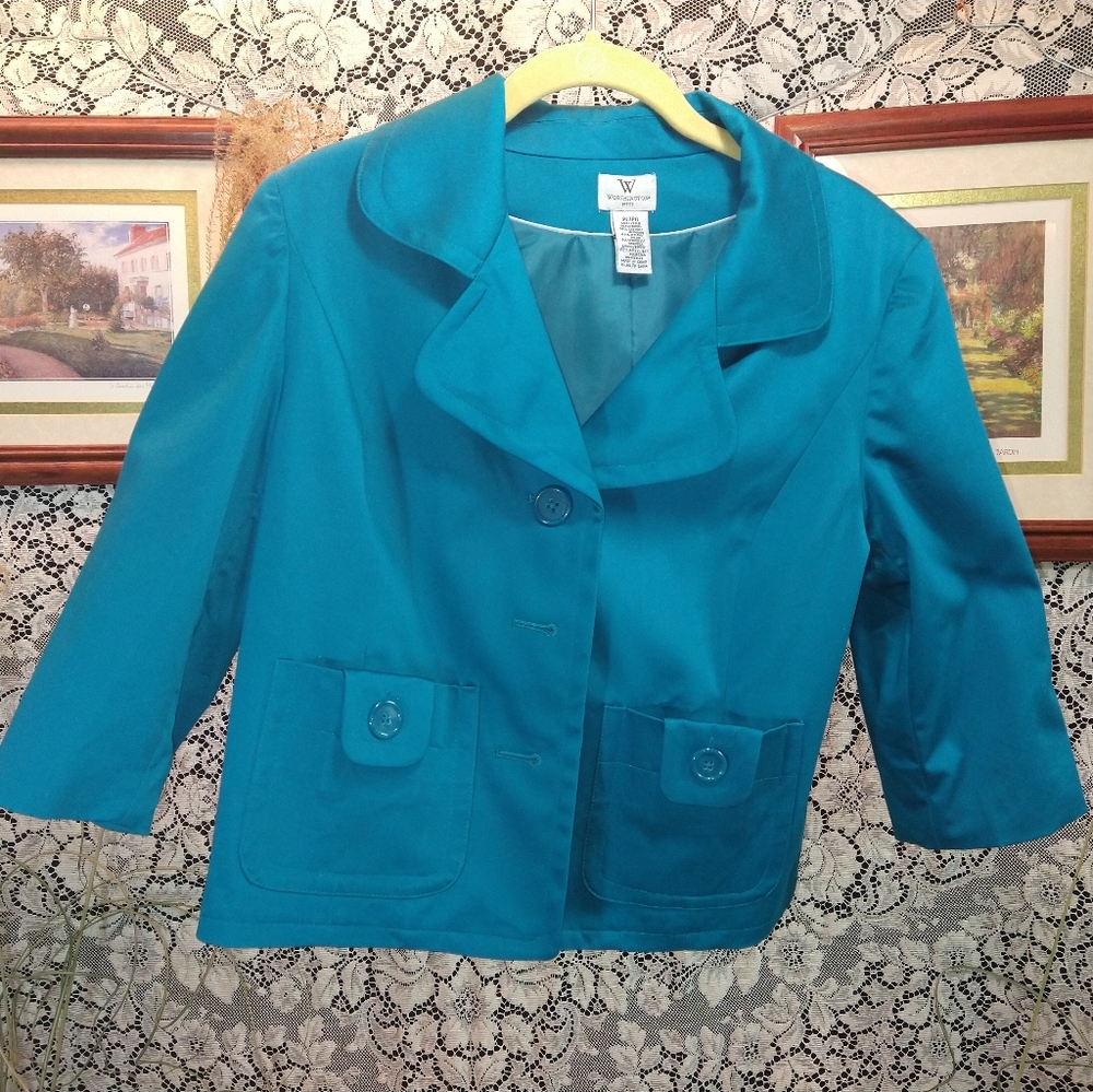 Worthington teal blue cropped 3/4 sleeve jacket lined button up with pockets